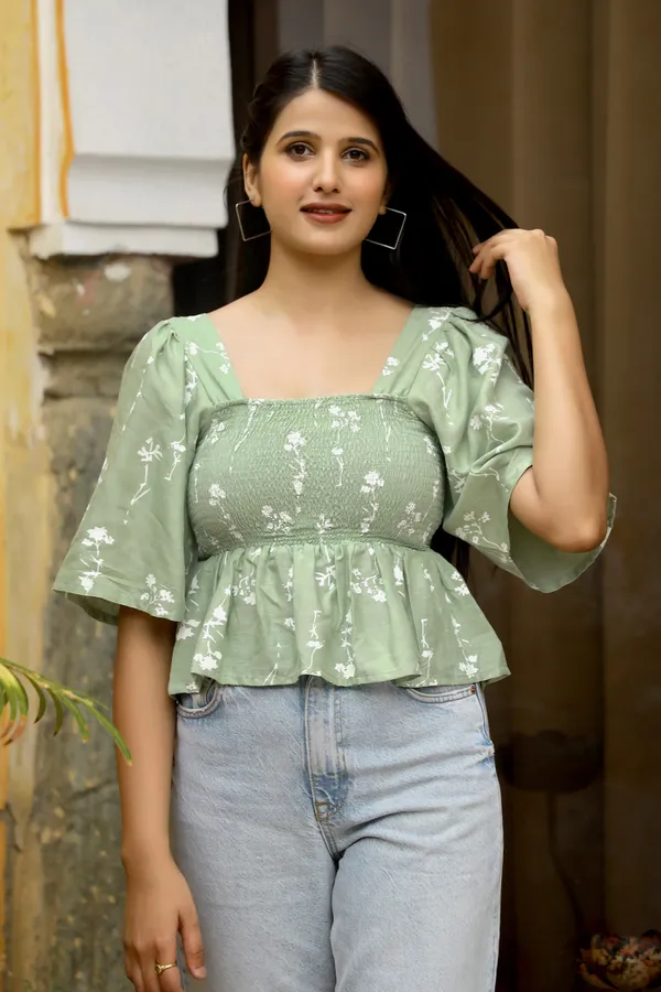 Green_Rayon__Shirred_Blouse_For_Women