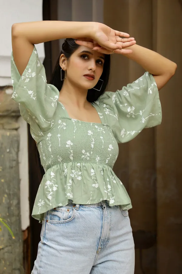Green_Rayon__Shirred_Blouse_For_Women