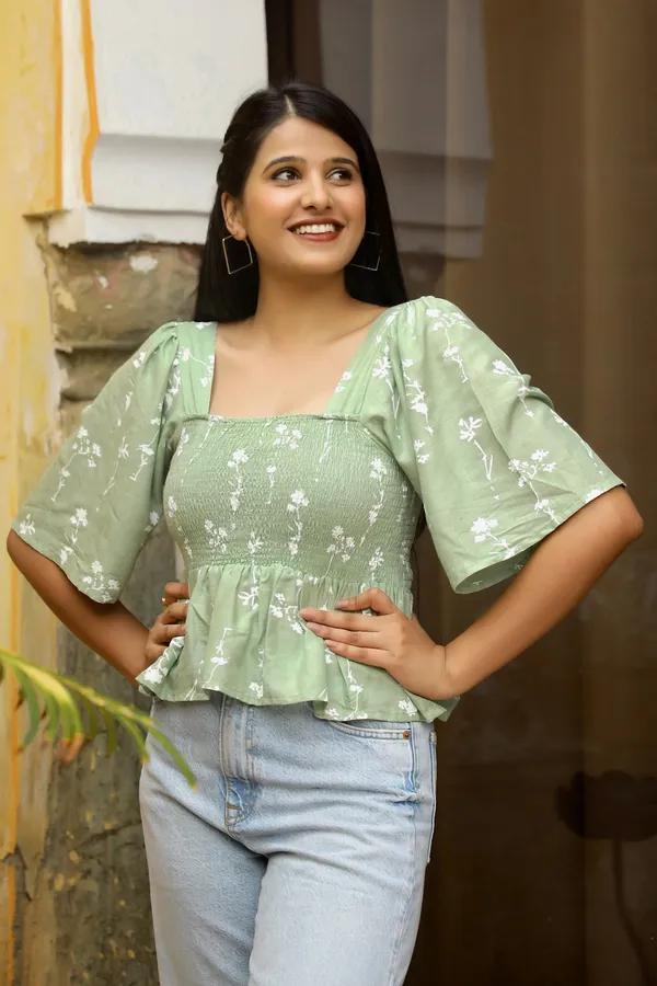 Green_Rayon__Shirred_Blouse_For_Women