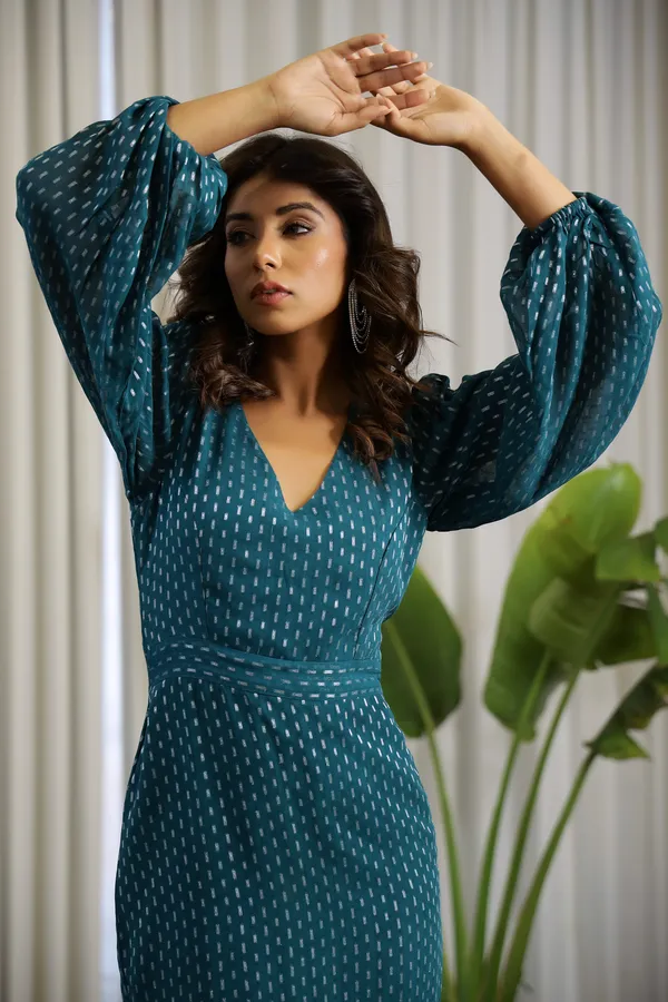 Teal_Green_Chiffon_Lurex_Midi_Dress_For_Women
