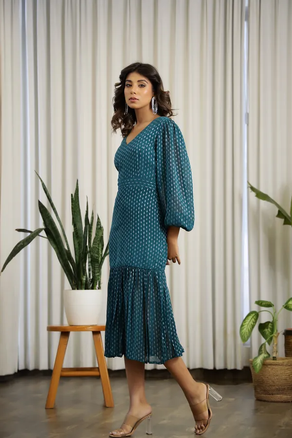 Teal_Green_Chiffon_Lurex_Midi_Dress_For_Women