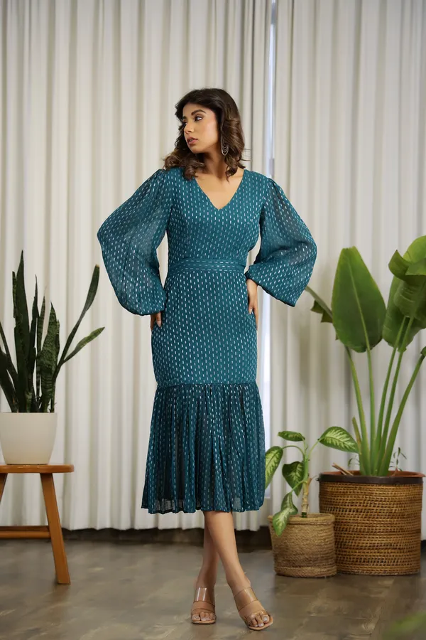 Teal_Green_Chiffon_Lurex_Midi_Dress_For_Women