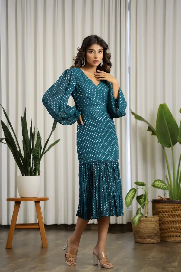 Teal_Green_Chiffon_Lurex_Midi_Dress_For_Women