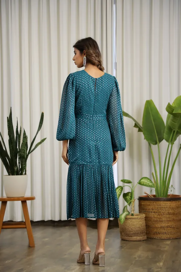 Teal_Green_Chiffon_Lurex_Midi_Dress_For_Women
