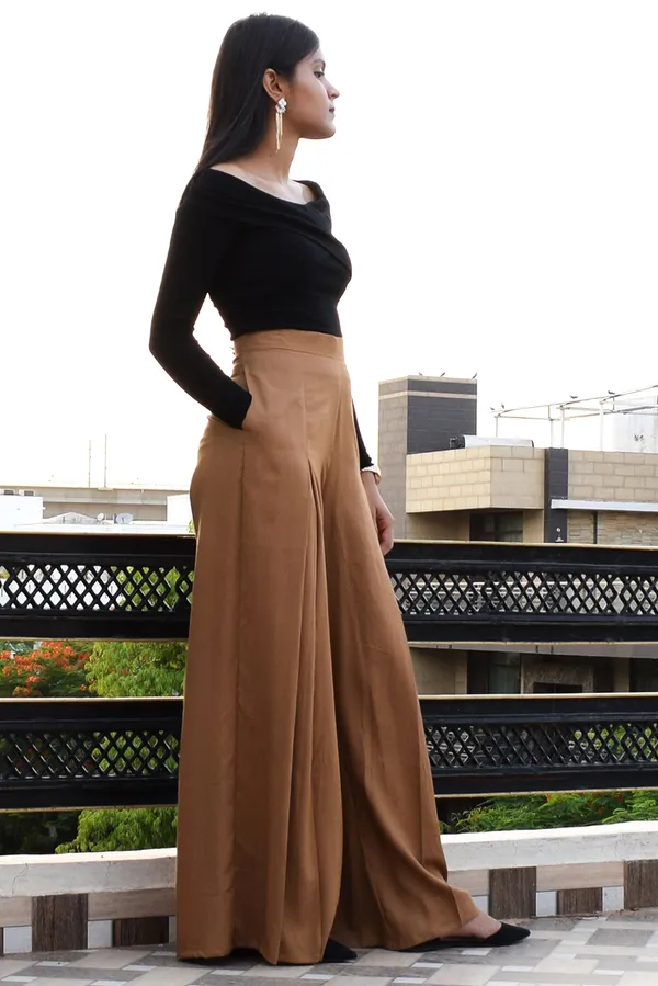 Tan_Rayon_Palm_Palazzo_Pants_For_Women