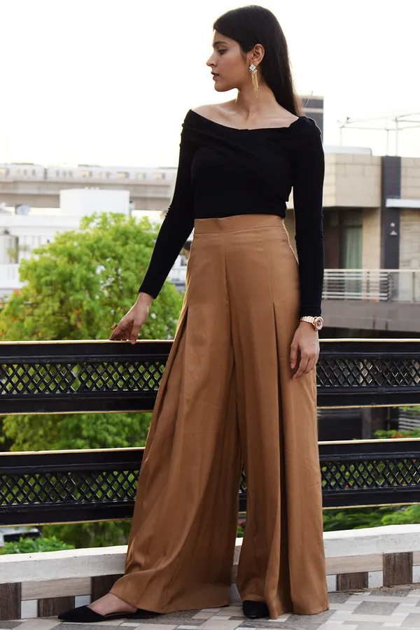 Tan_Rayon_Palm_Palazzo_Pants_For_Women