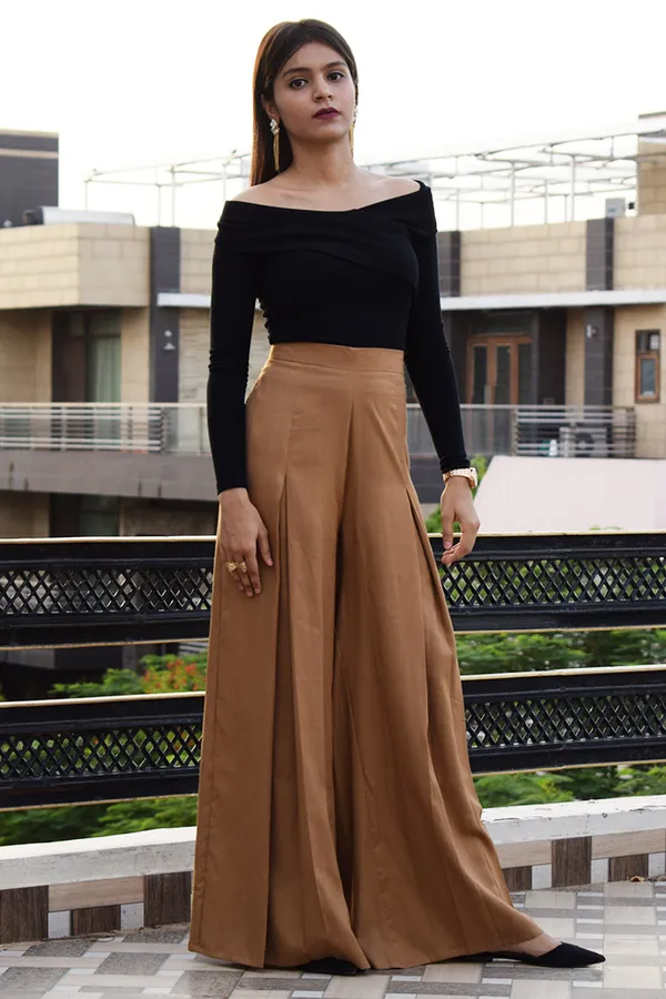 Tan_Rayon_Palm_Palazzo_Pants_For_Women