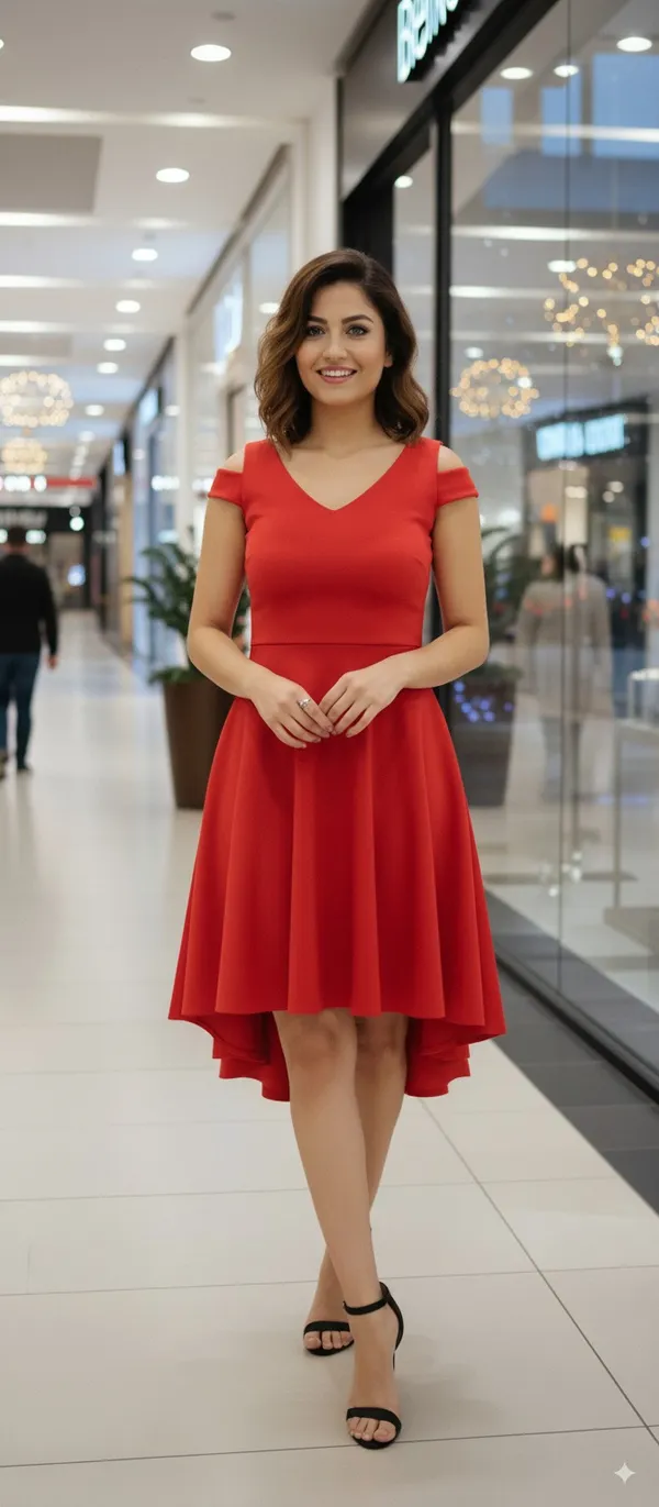 Red_Lycra_Blend_V-Neck_Cold_Shoulder_Sleeve_Knee_Length_High_Low_Dress_For_Women