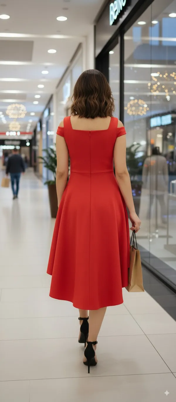 Red_Lycra_Blend_V-Neck_Cold_Shoulder_Sleeve_Knee_Length_High_Low_Dress_For_Women