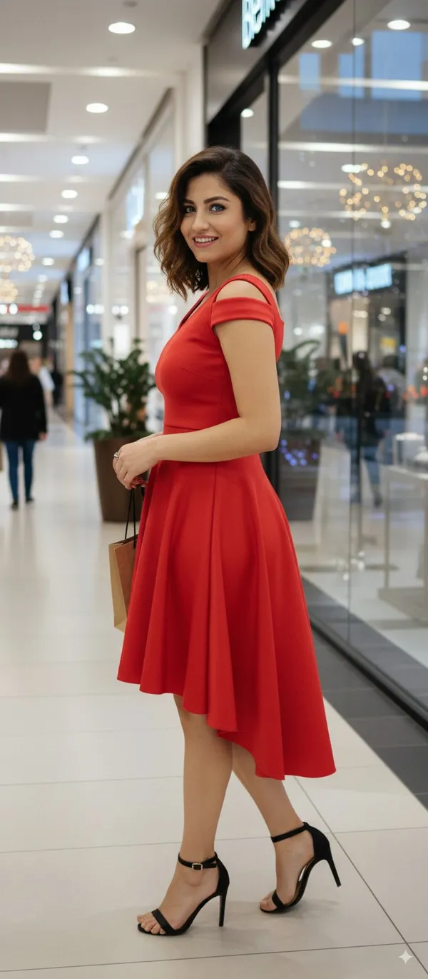 Red_Lycra_Blend_V-Neck_Cold_Shoulder_Sleeve_Knee_Length_High_Low_Dress_For_Women