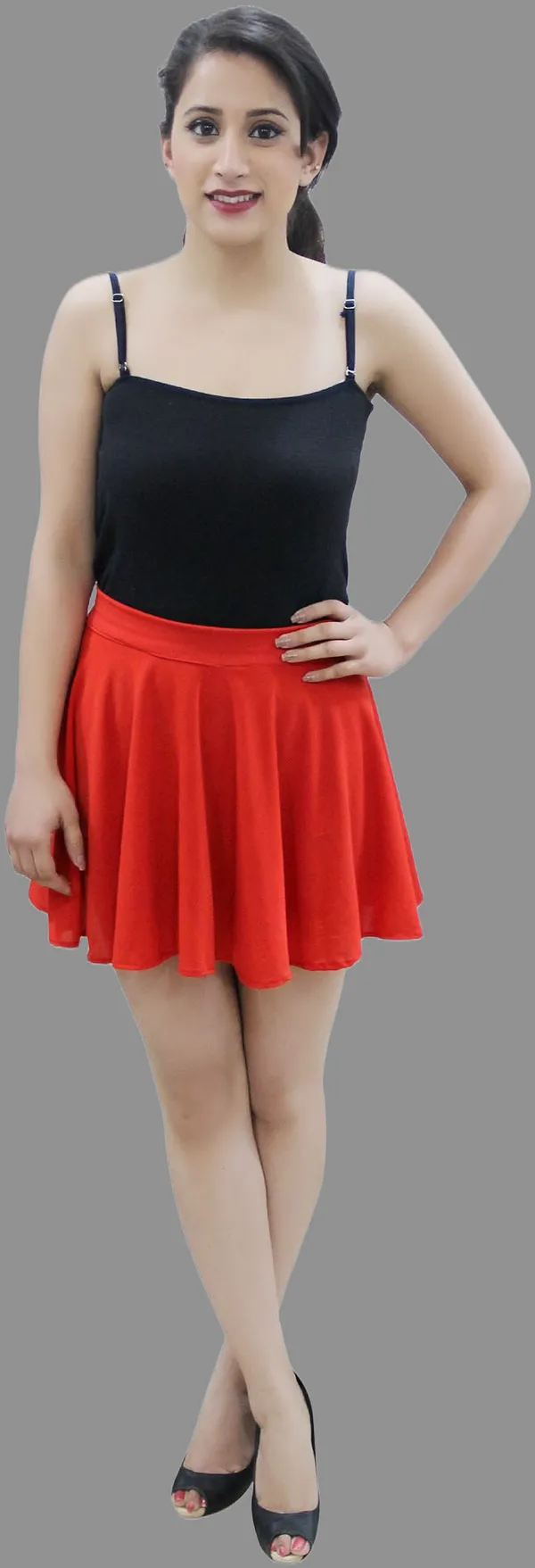 Red_Solid_Lycra_Blend_Flared_Mini/Short_Elastic_Skirt_For_Women