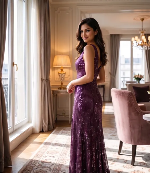 A_glamorous,_floor-length_sequin_evening_gown_featuring_a_plunging_V-neckline_and_a_high_thigh_slit.
