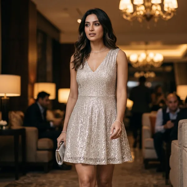 A_show_stopping_silver_mini_cocktail_dress_crafted_with_shimmering_all-over_sequins,_delicate_spaghetti_straps,_and_a_sleek,_figure-hugging_fit.