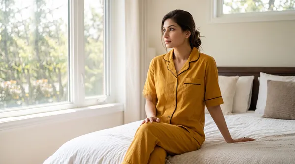Mustard_Night_Suit_-_3/4th_Sleeves_-_Black_Piping