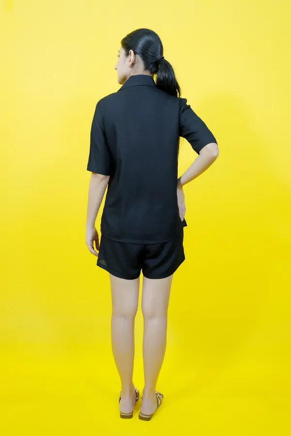 Black_Cotton_Blend_Solid_Collared_Short_Sleeve_Shirt_&_Regular_Shorts_Co-Ord_Set_For_Women