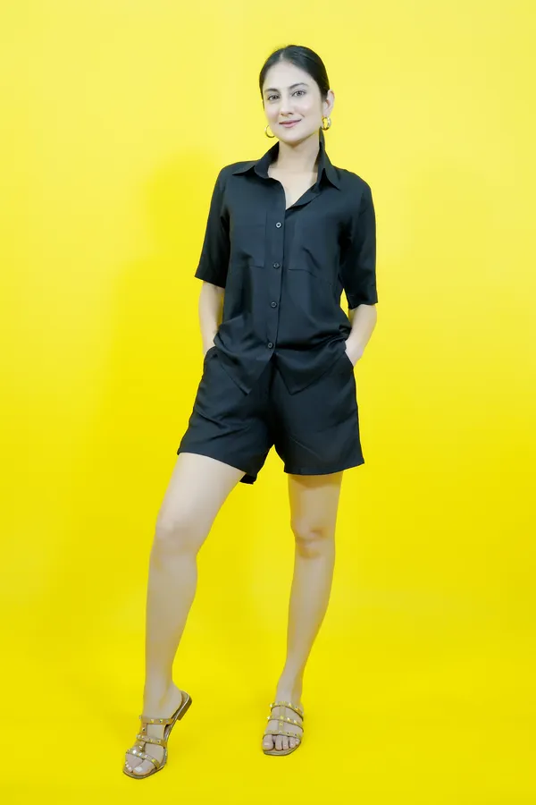 Black_Cotton_Blend_Solid_Collared_Short_Sleeve_Shirt_&_Regular_Shorts_Co-Ord_Set_For_Women
