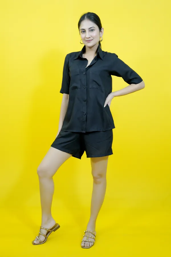 Black_Cotton_Blend_Solid_Collared_Short_Sleeve_Shirt_&_Regular_Shorts_Co-Ord_Set_For_Women