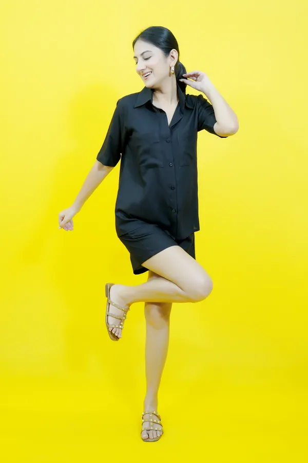 Black_Cotton_Blend_Solid_Collared_Short_Sleeve_Shirt_&_Regular_Shorts_Co-Ord_Set_For_Women