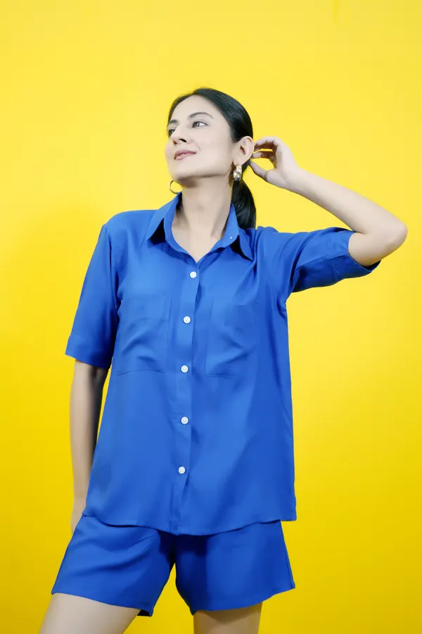 Blue_Cotton_Blend_Solid_Collared_Short_Sleeve_Shirt_&_Regular_Shorts_Co-Ord_Set_For_Women
