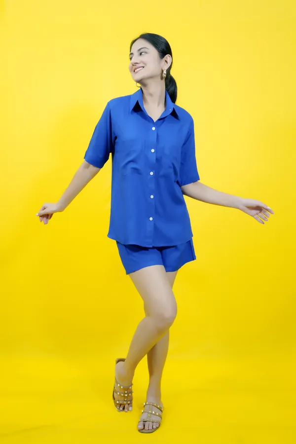 Blue_Cotton_Blend_Solid_Collared_Short_Sleeve_Shirt_&_Regular_Shorts_Co-Ord_Set_For_Women