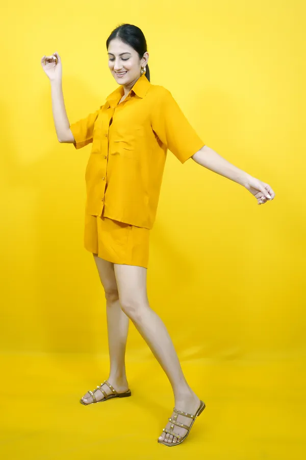 Yellow_Cotton_Blend_Solid_Collared_Short_Sleeve_Shirt_&_Regular_Shorts_Co-Ord_Set_For_Women