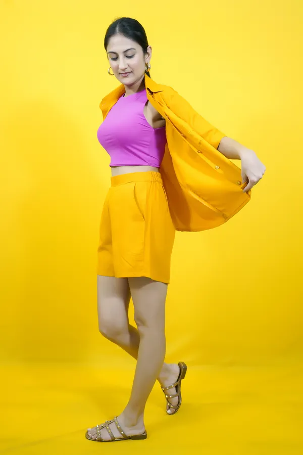 Yellow_Cotton_Blend_Solid_Collared_Short_Sleeve_Shirt_&_Regular_Shorts_Co-Ord_Set_For_Women