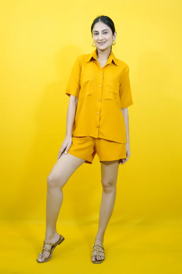 Yellow_Cotton_Blend_Solid_Collared_Short_Sleeve_Shirt_&_Regular_Shorts_Co-Ord_Set_For_Women