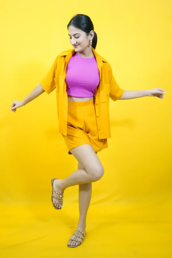 Yellow_Cotton_Blend_Solid_Collared_Short_Sleeve_Shirt_&_Regular_Shorts_Co-Ord_Set_For_Women