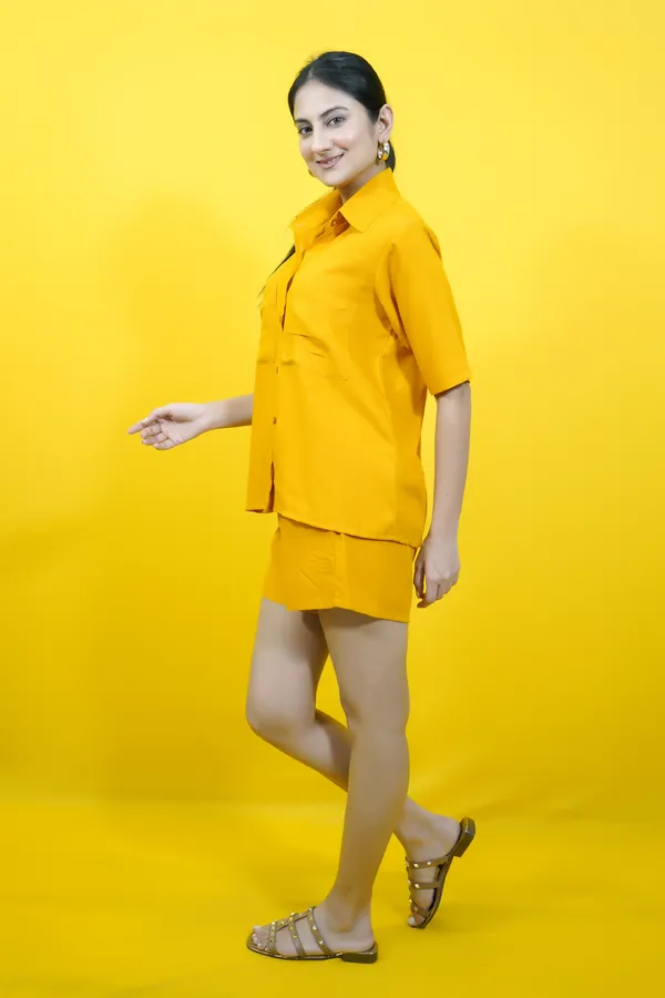 Yellow_Cotton_Blend_Solid_Collared_Short_Sleeve_Shirt_&_Regular_Shorts_Co-Ord_Set_For_Women