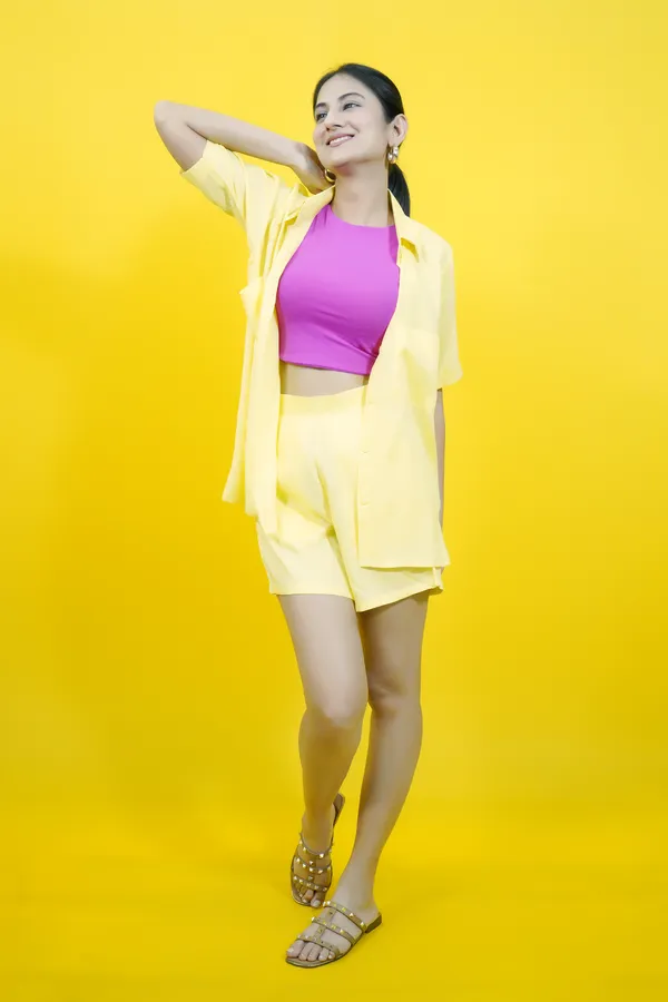 Yellow_Cotton_Blend_Solid_Collared_Short_Sleeve_Shirt_&_Regular_Shorts_Co-Ord_Set_For_Women