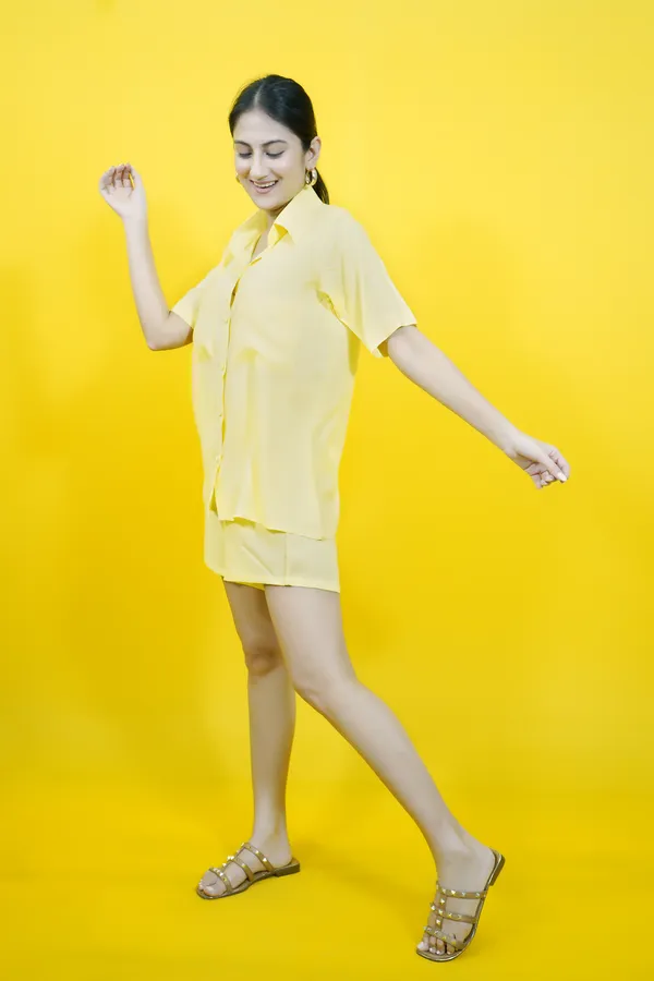 Yellow_Cotton_Blend_Solid_Collared_Short_Sleeve_Shirt_&_Regular_Shorts_Co-Ord_Set_For_Women