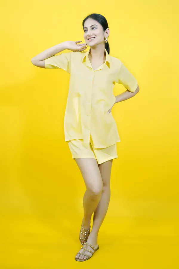 Yellow_Cotton_Blend_Solid_Collared_Short_Sleeve_Shirt_&_Regular_Shorts_Co-Ord_Set_For_Women