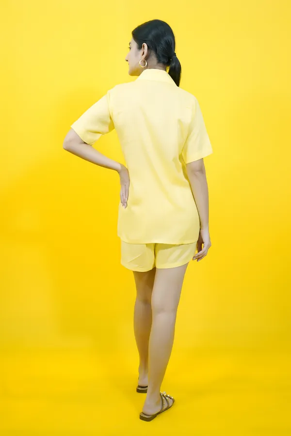 Yellow_Cotton_Blend_Solid_Collared_Short_Sleeve_Shirt_&_Regular_Shorts_Co-Ord_Set_For_Women