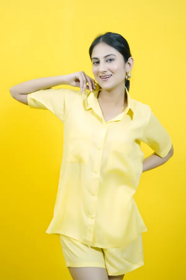 Yellow_Cotton_Blend_Solid_Collared_Short_Sleeve_Shirt_&_Regular_Shorts_Co-Ord_Set_For_Women