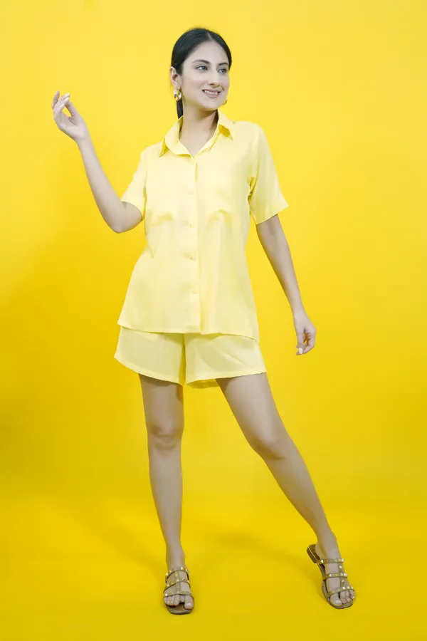 Yellow_Cotton_Blend_Solid_Collared_Short_Sleeve_Shirt_&_Regular_Shorts_Co-Ord_Set_For_Women
