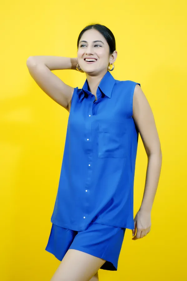 Blue_Cotton_Blend_Solid_Collared_Sleeveless_Shirt_&_Regular_Shorts_Co-Ord_Set_For_Women