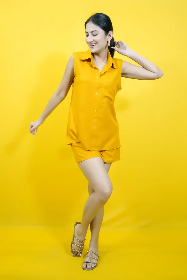 Yellow_Cotton_Blend_Solid_Collared_Sleeveless_Shirt_&_Regular_Shorts_Co-Ord_Set_For_Women