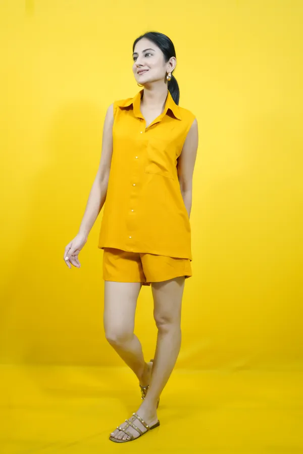 Yellow_Cotton_Blend_Solid_Collared_Sleeveless_Shirt_&_Regular_Shorts_Co-Ord_Set_For_Women