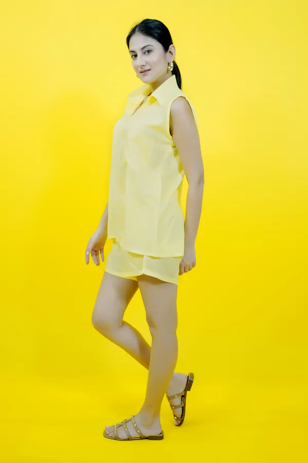 Yellow_Cotton_Blend_Solid_Collared_Sleeveless_Shirt_&_Regular_Shorts_Co-Ord_Set_For_Women