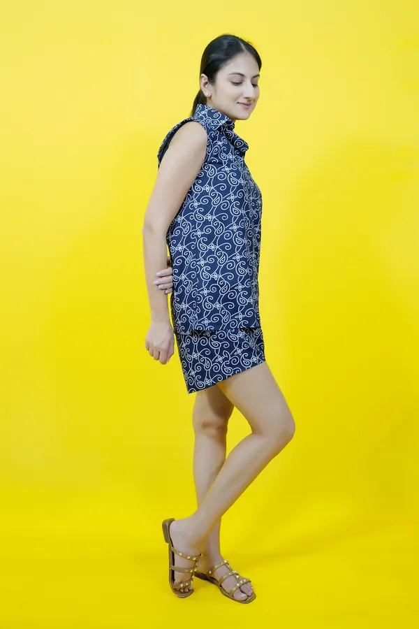 Dark_Blue_Cotton_Blend_Geometric_Print_Spread_Collar_Sleeveless_Top_&_Regular_Shorts_Co-Ord_Set_For_Women