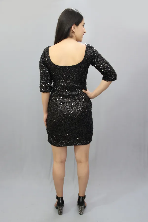 Black_Net_Round_Neck_3/4_Sleeve_Above_Knee_Bodycon_Dress_For_Women
