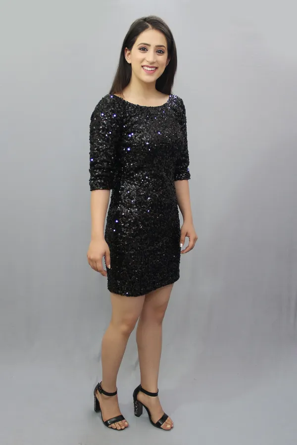 Black_Net_Round_Neck_3/4_Sleeve_Above_Knee_Bodycon_Dress_For_Women