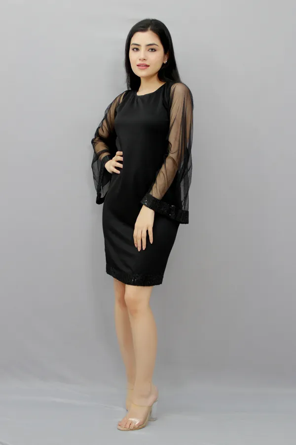 Black_Lycra_Blend_Round_Neck_Flared_Sleeve_Above_Knee_Bodycon_Dress_For_Women