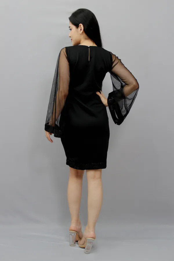 Black_Lycra_Blend_Round_Neck_Flared_Sleeve_Above_Knee_Bodycon_Dress_For_Women