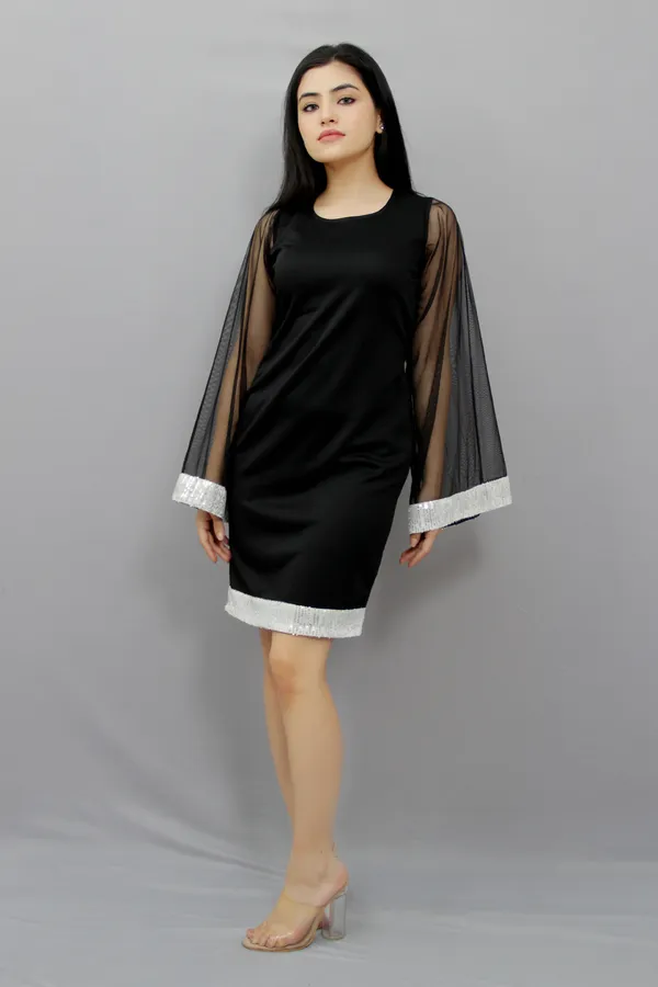 Black_Lycra_Blend_Round_Neck_Flared_Sleeve_Above_Knee_Bodycon_Dress_For_Women