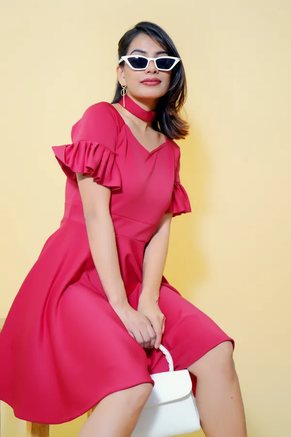 Pink_Lycra_Blend_V-Neck_Short_Sleeve_Above_Knee_Fit_And_Flare_Dress_For_Women