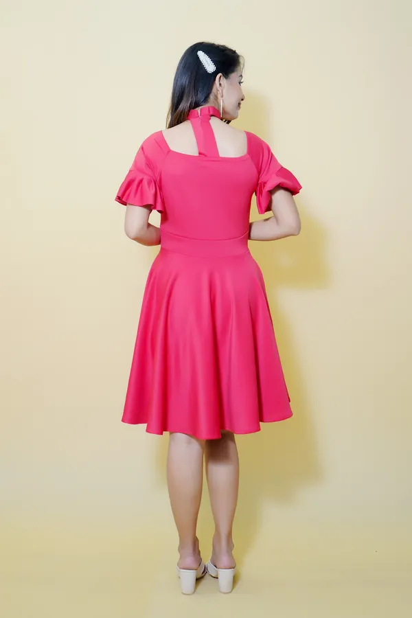 Pink_Lycra_Blend_V-Neck_Short_Sleeve_Above_Knee_Fit_And_Flare_Dress_For_Women