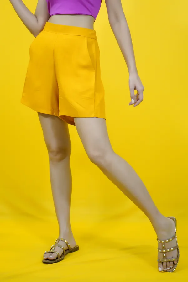 Yellow_Polycotton_Solid_Mid_Thigh_Regular_Fit_Bermuda_Shorts_For_Women