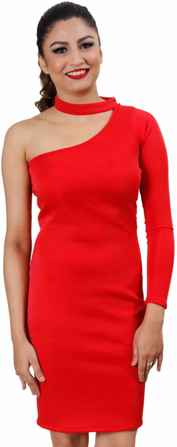 Red_Lycra_Blend_Fashion_Sleeve_Above_Knee_Tube_Dress_For_Women