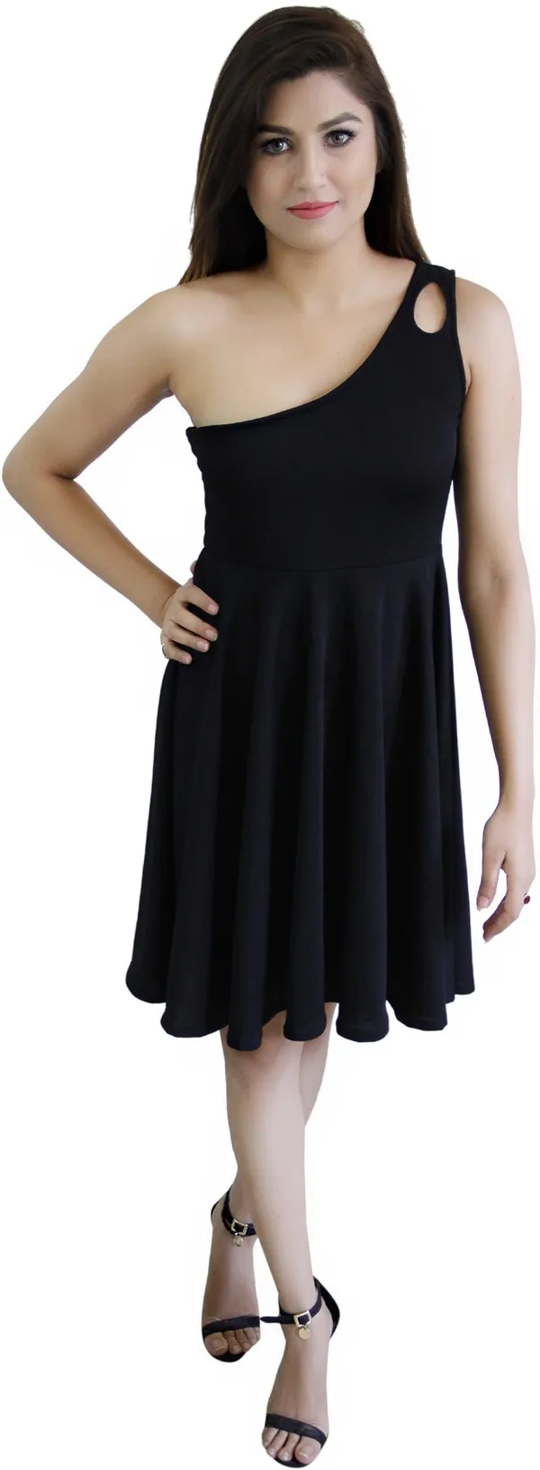 Black_Lycra_Blend_One_Shoulder_Sleeveless_Knee_Length_Skater_Dress_For_Women
